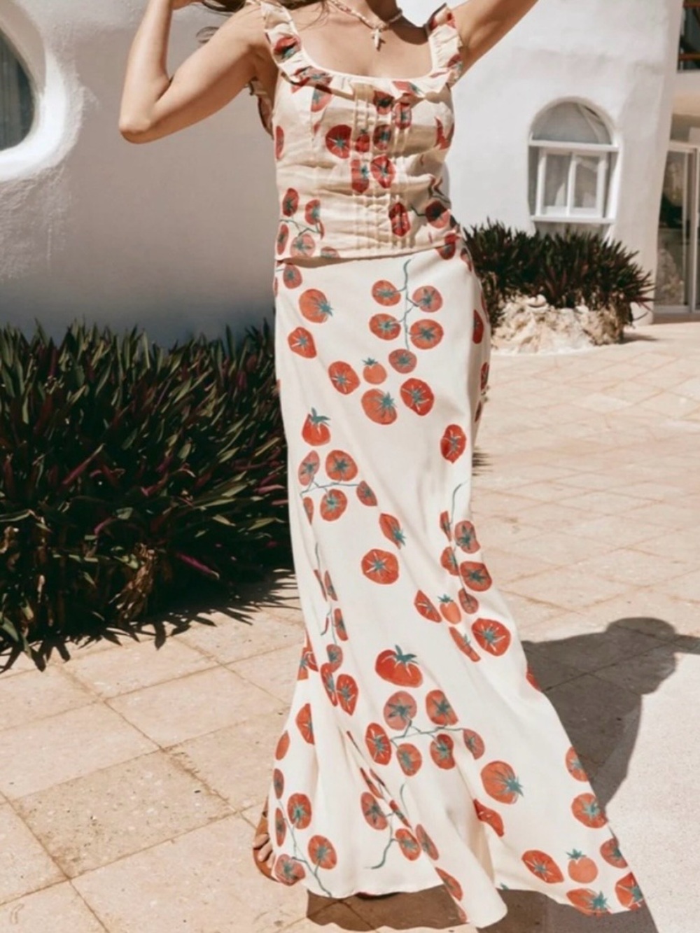 Women’s Cream Maxi Skirt with Red Tomato Print